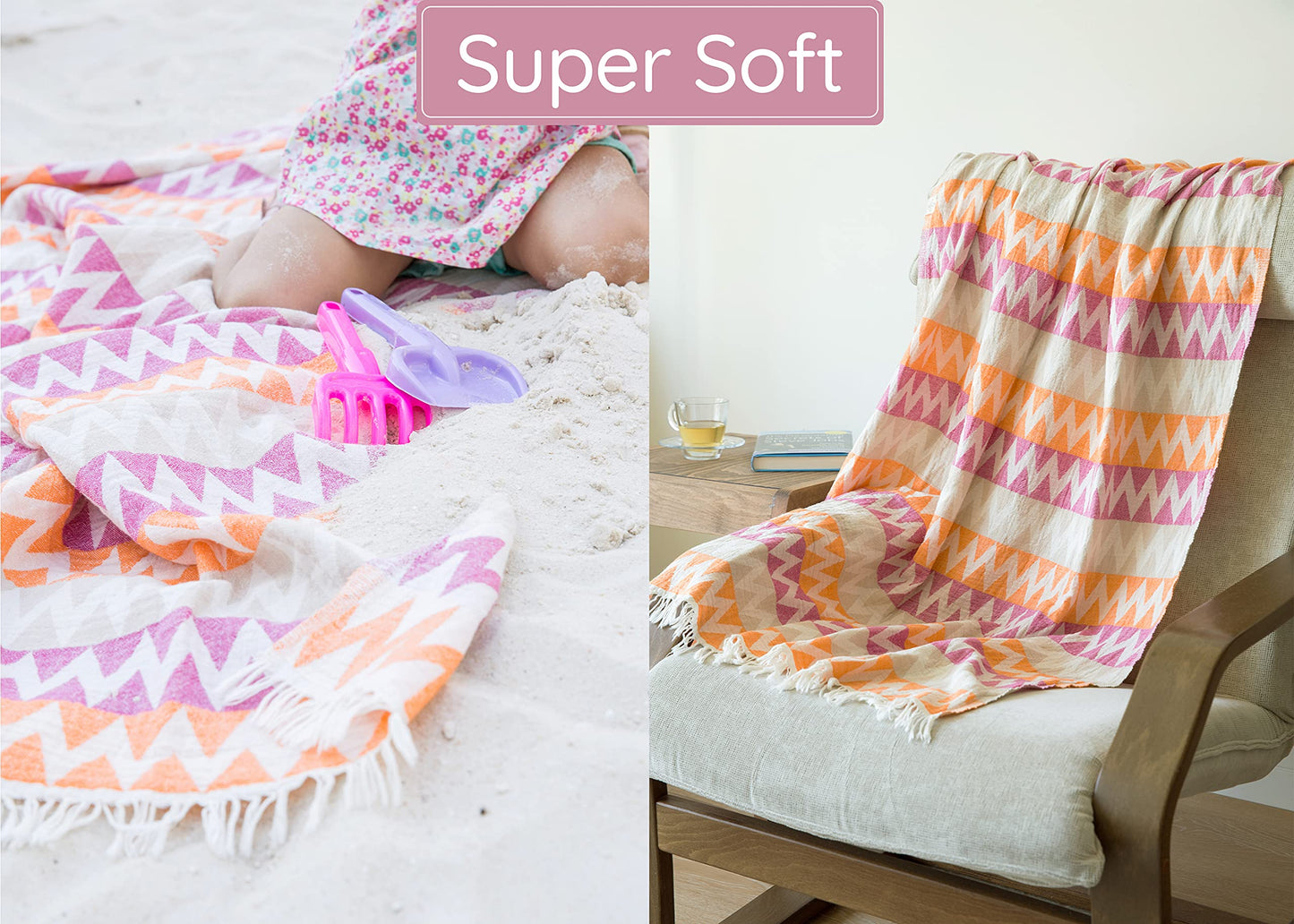 Turkish Beach Towel (35”x67”) – 100% Cotton Quick Dry, Lightweight Oversized Beach Towel for Pool & Travel – Zig Zag Orange Color