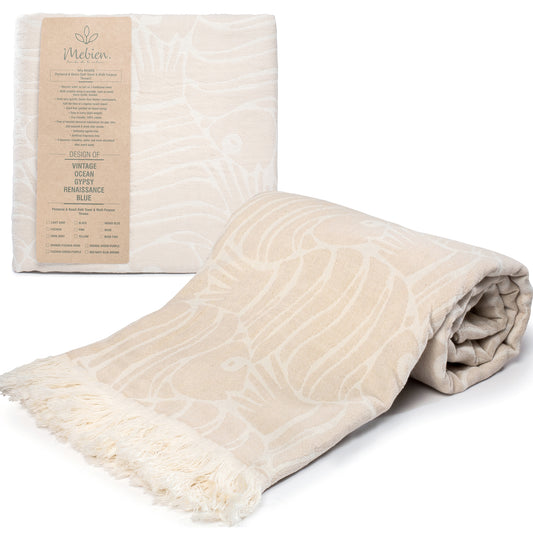 Beige Fish Turkish Beach Towel (35”x67”)  Lightweight, Quick drying and Sand Free Can be Used as Beach Blanket 100% Cotton