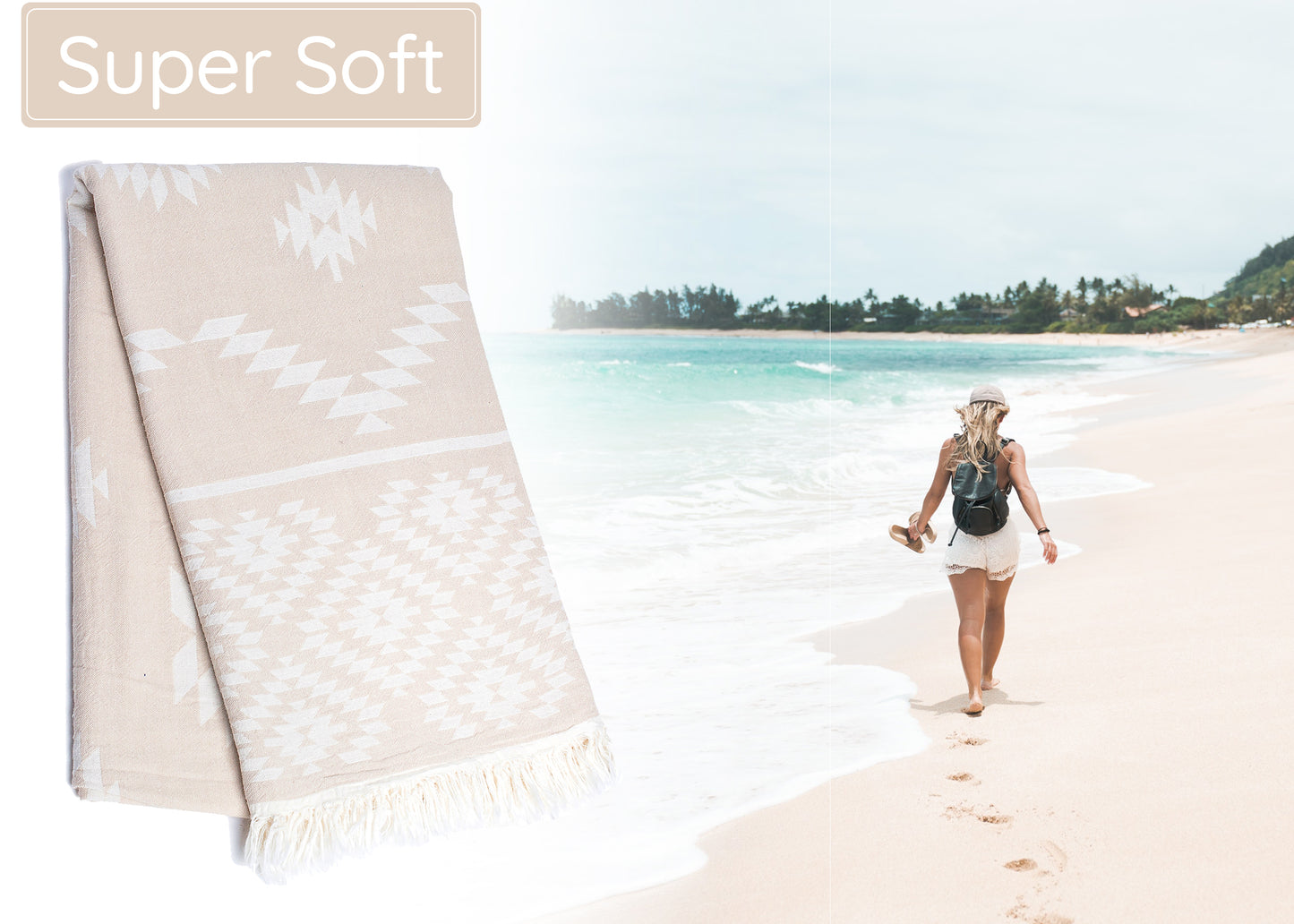 Beige Sand Turkish Beach Towel (35”x67”) Lightweight, Quick drying and Sand Free Can be Used as Beach Blanket 100% Cotton Vintage Design