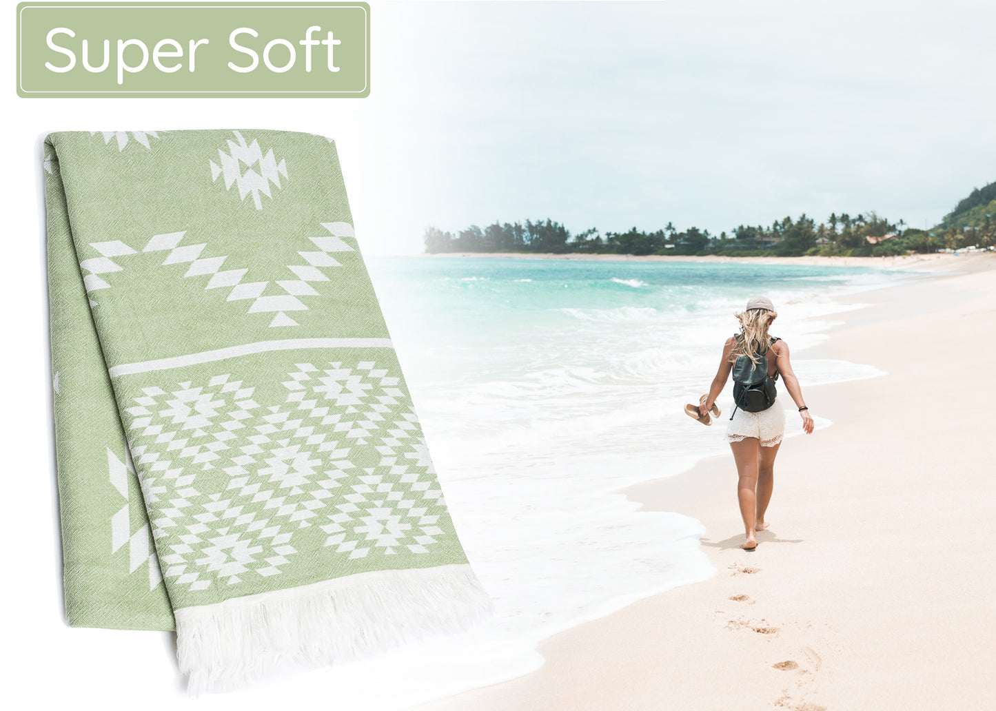 Soft Green Turkish Beach Towel (35”x67”)  Lightweight, Quick drying and Sand Free Can be Used as Beach Blanket 100% Cotton Vintage Design