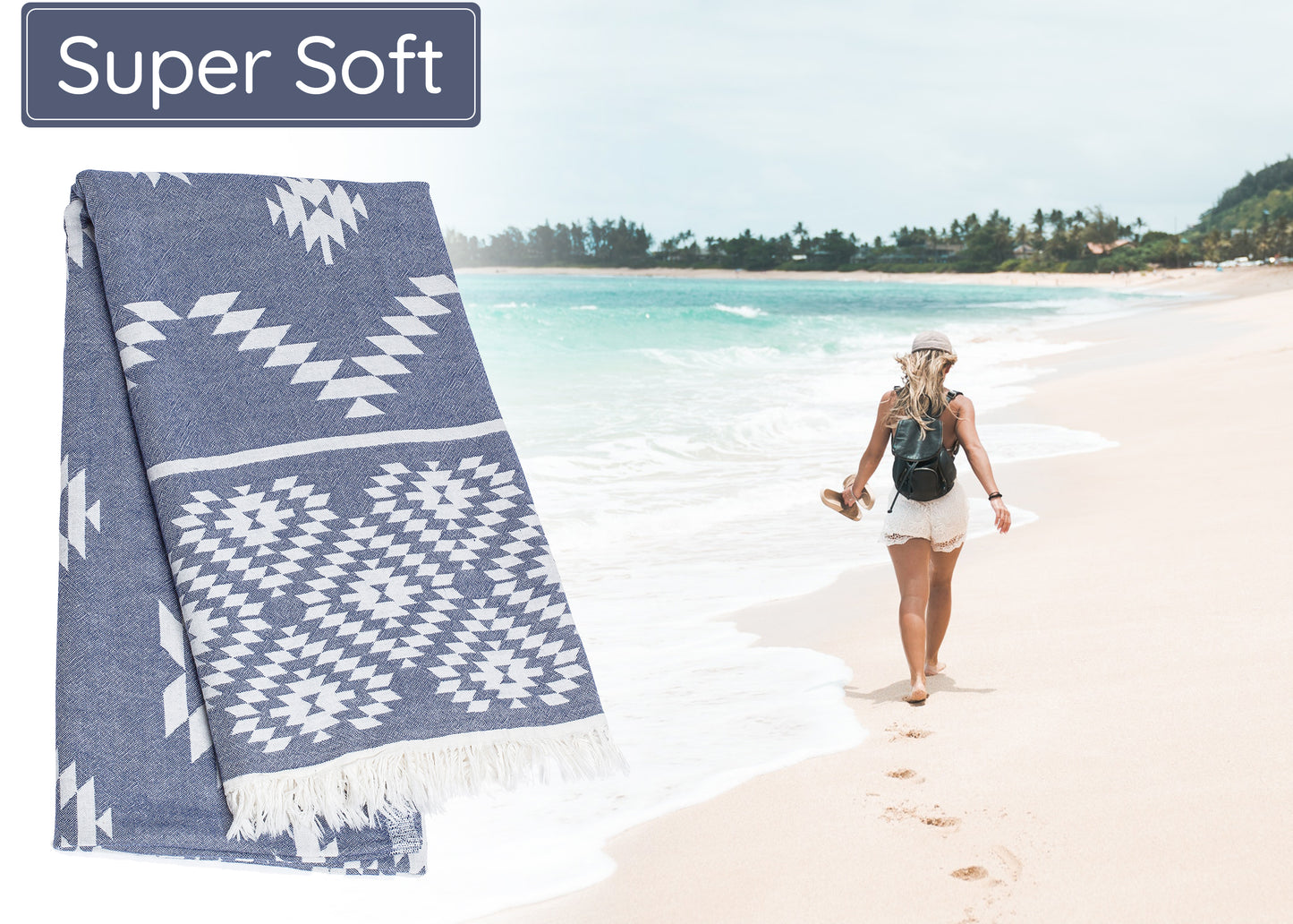 Navy Blue Turkish Beach Towel (35”x67”)  Lightweight, Quick drying and Sand Free Can be Used as Beach Blanket 100% Cotton Vintage Design