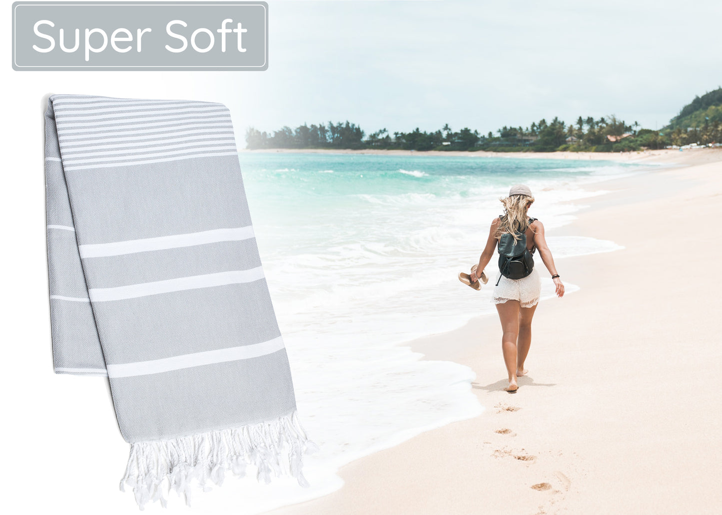 Silver Grey Turkish Beach Towel (35”x67”)  Lightweight, Quick drying and Sand Free Can be Used as Beach Blanket 100% Cotton