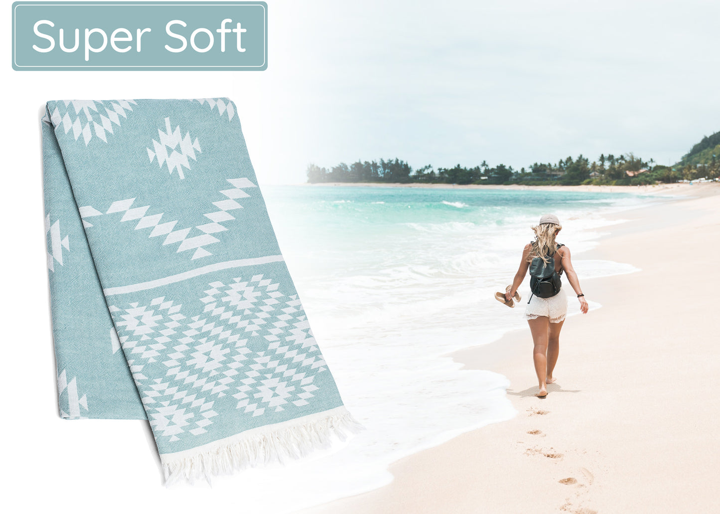 Pastel Teal Turkish Beach Towels (35”x67”) Lightweight, Quick drying and Sand Free Can be Used as Beach Blanket 100% Cotton Vintage Design