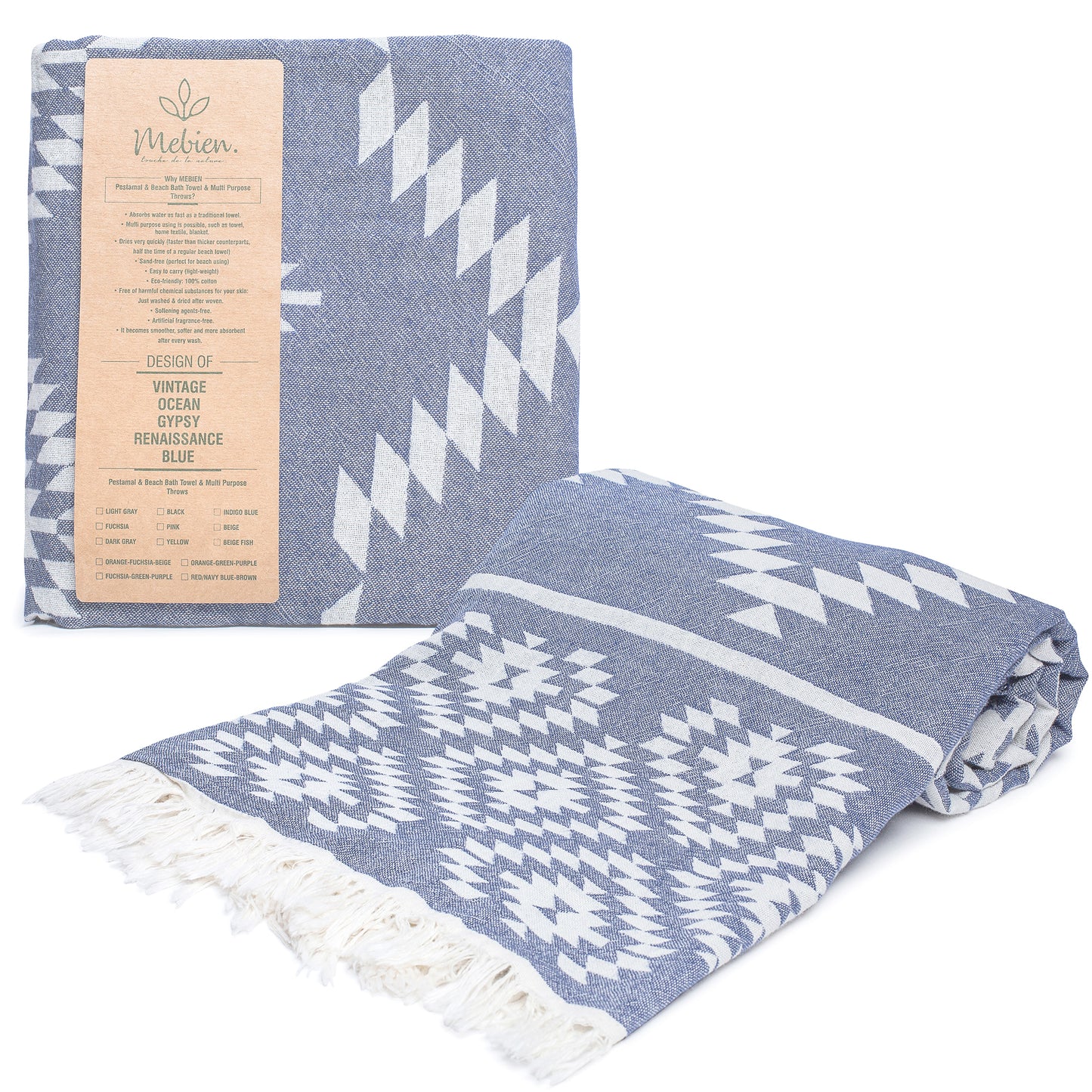 Navy Blue Turkish Beach Towel (35”x67”)  Lightweight, Quick drying and Sand Free Can be Used as Beach Blanket 100% Cotton Vintage Design
