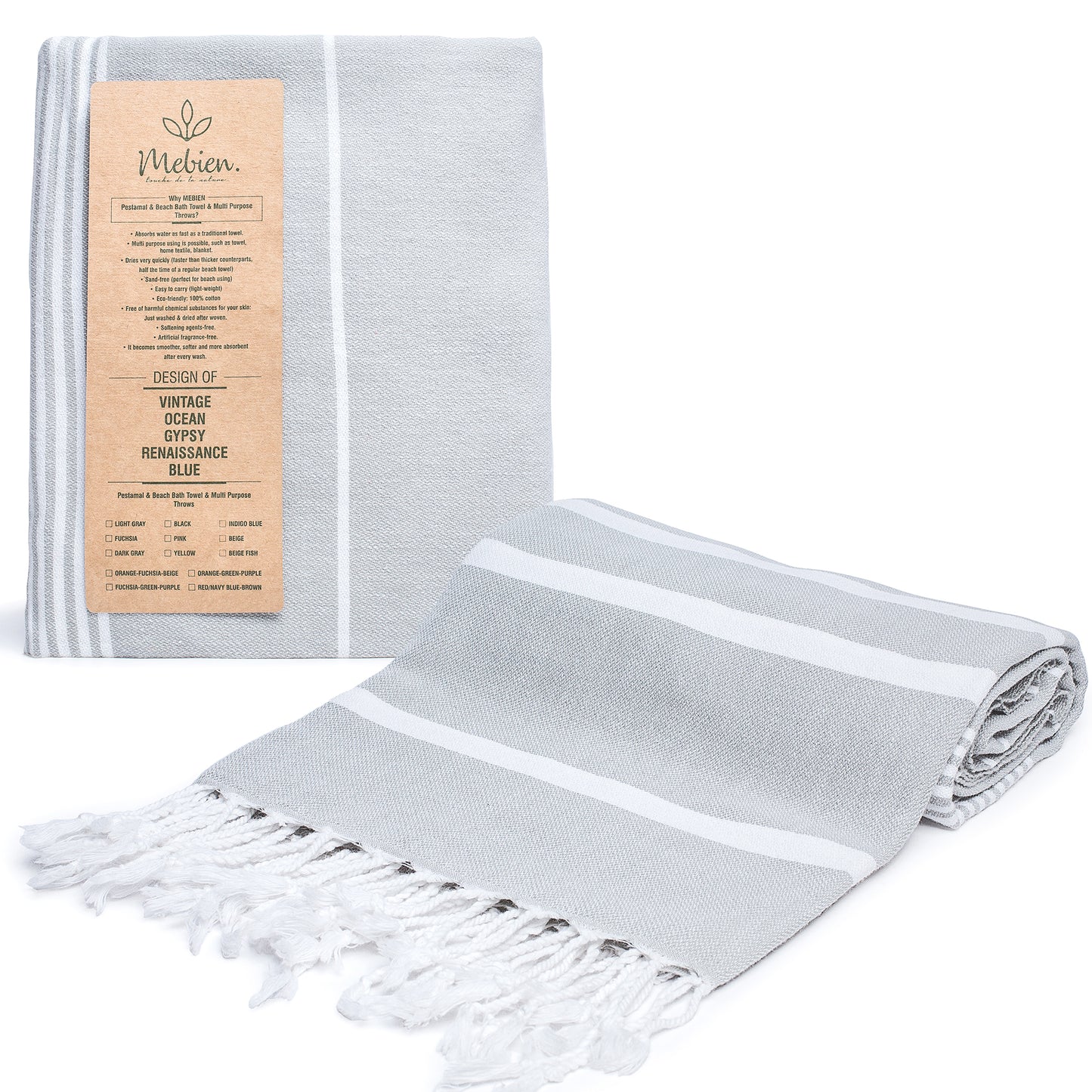 Silver Grey Turkish Beach Towel (35”x67”)  Lightweight, Quick drying and Sand Free Can be Used as Beach Blanket 100% Cotton