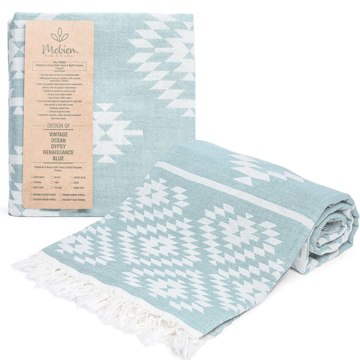 Pastel Teal Turkish Beach Towels (35”x67”) Lightweight, Quick drying and Sand Free Can be Used as Beach Blanket 100% Cotton Vintage Design