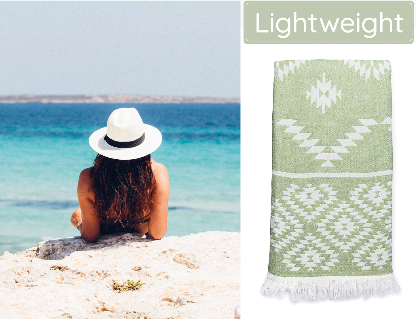 Soft Green Turkish Beach Towel (35”x67”)  Lightweight, Quick drying and Sand Free Can be Used as Beach Blanket 100% Cotton Vintage Design