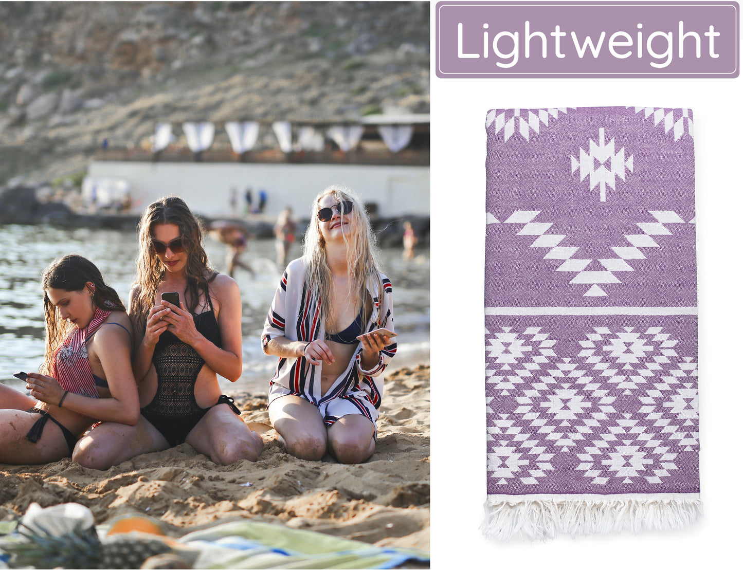 Purple Turkish Beach Towel (35”x67”) Lightweight, Quick drying and Sand Free Can be Used as Beach Blanket 100% Cotton Vintage Design
