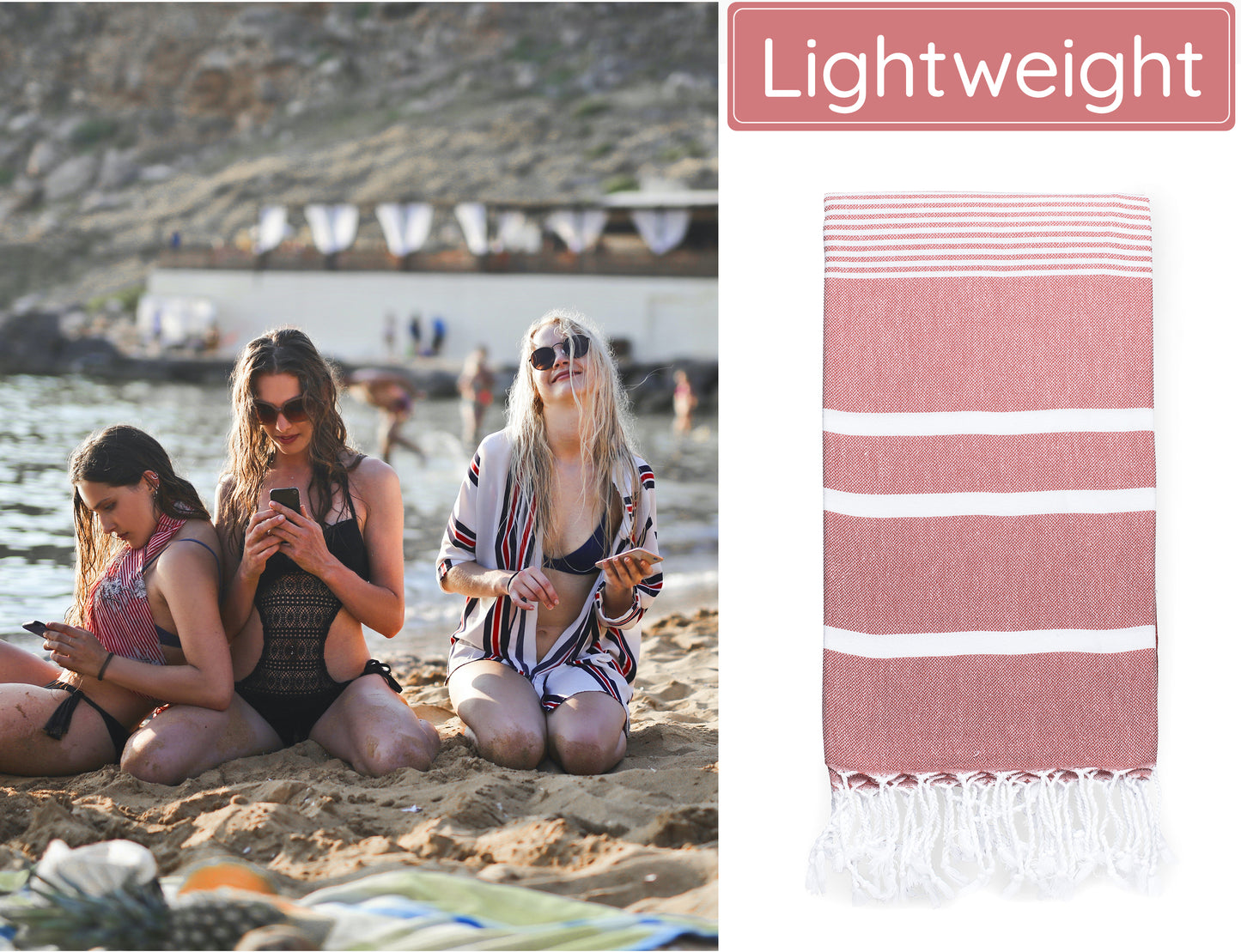 Red Turkish Beach Towel (35”x67”) Lightweight, Quick drying and Sand Free Can be Used as Beach Blanket 100% Cotton