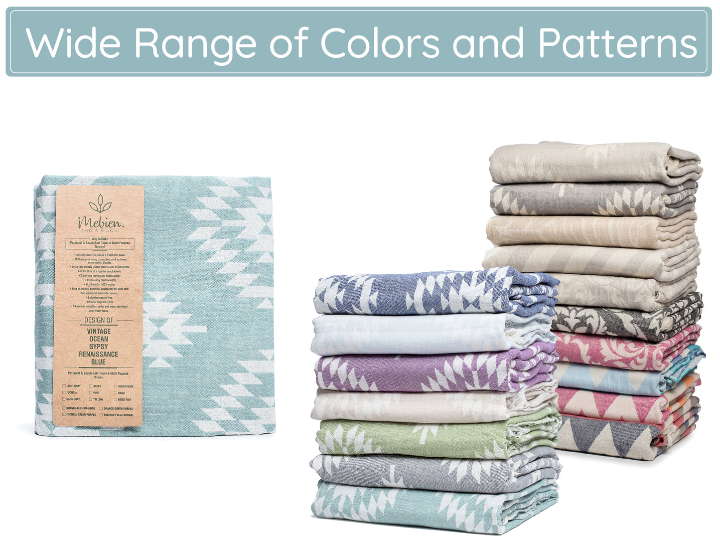 Pastel Teal Turkish Beach Towels (35”x67”) Lightweight, Quick drying and Sand Free Can be Used as Beach Blanket 100% Cotton Vintage Design