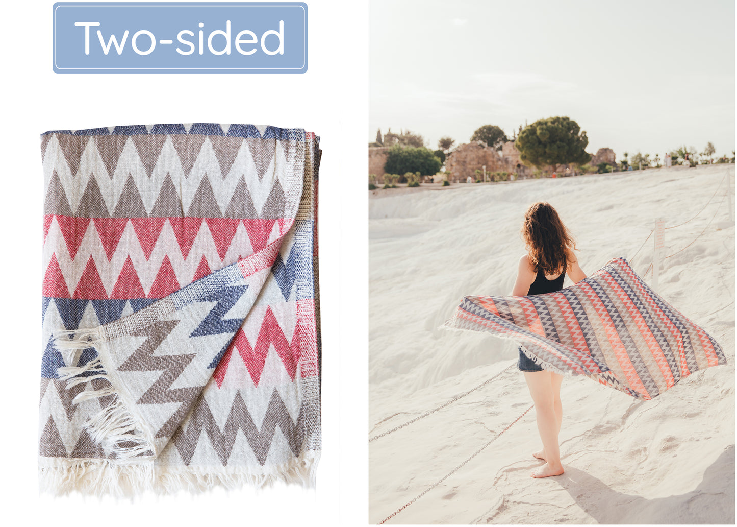 Blue Grey Red Turkish Beach Towel (35”x67”)  Lightweight, Quick drying and Sand Free Can be Used as Beach Blanket 100% Cotton ZigZag Design