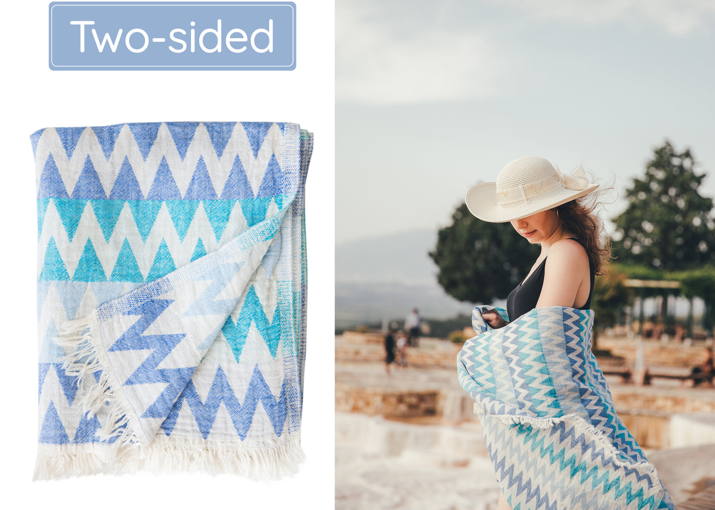 Shades of Blue Turkish Beach Towel (35”x67”) Lightweight, Quick drying and Sand Free Can be Used as Beach Blanket 100% Cotton ZigZag Design