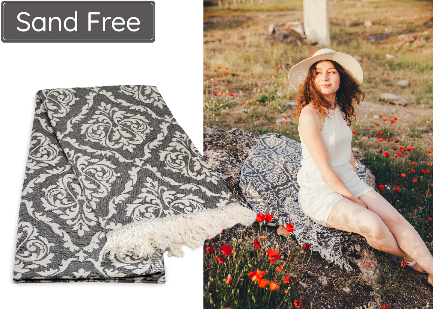 Black Turkish Beach Towel (35”x67”) Lightweight, Quick drying and Sand Free Can be Used as Beach Blanket 100% Cotton Renaissance Design