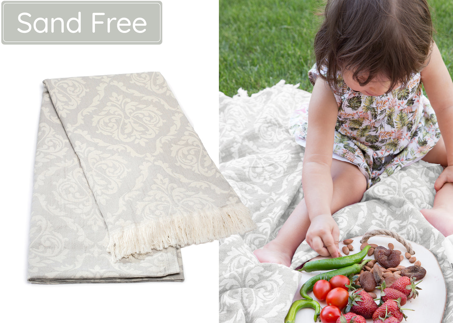 Grey Turkish Beach Towel (35”x67”) Lightweight, Quick drying and Sand Free Can be Used as Beach Blanket 100% Cotton Renaissance Design