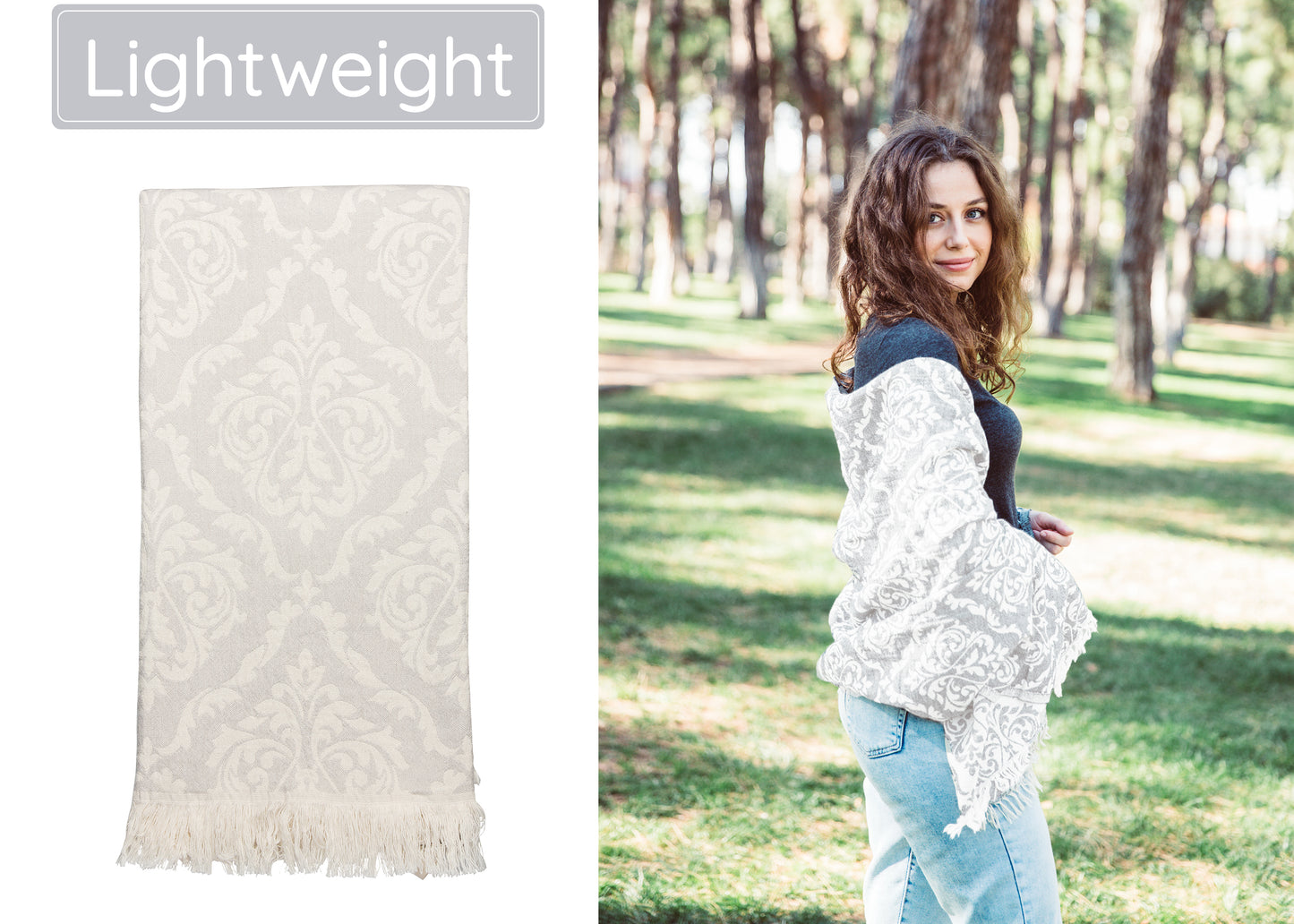Grey Turkish Beach Towel (35”x67”) Lightweight, Quick drying and Sand Free Can be Used as Beach Blanket 100% Cotton Renaissance Design