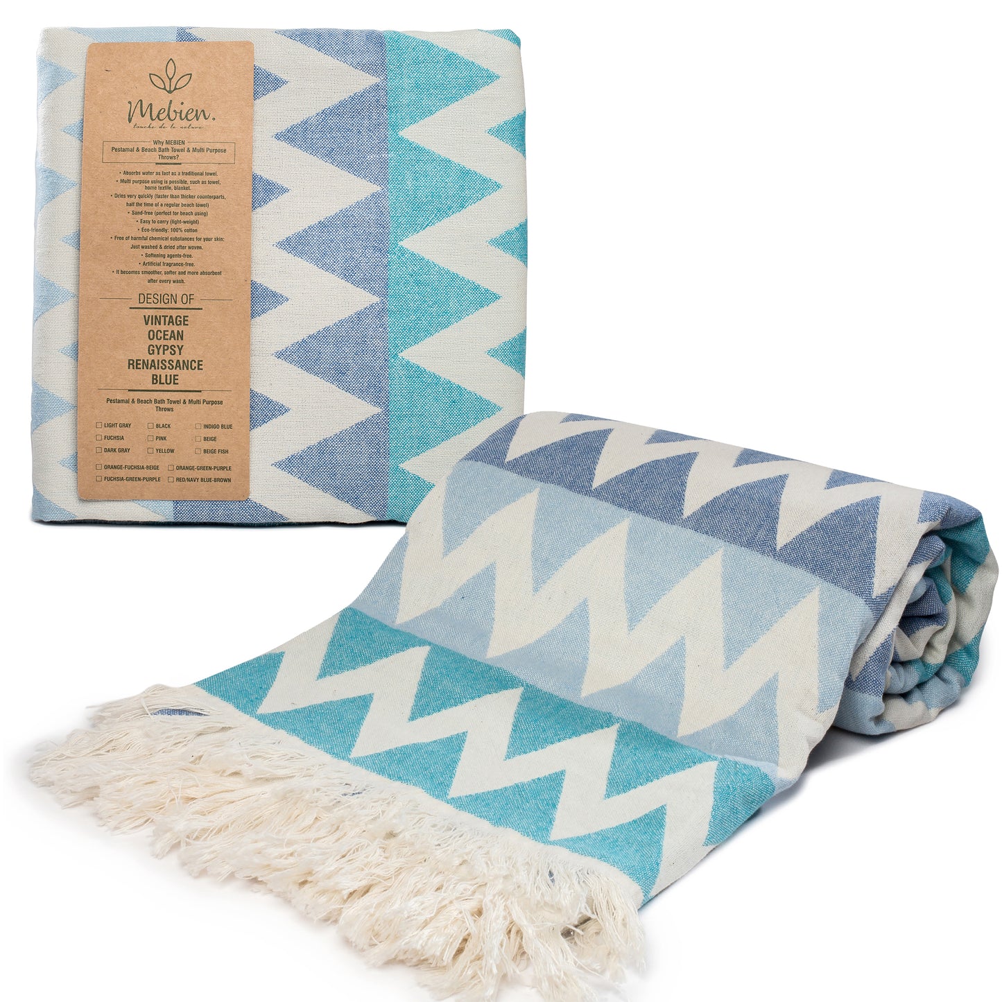 Shades of Blue Turkish Beach Towel (35”x67”)  Lightweight, Quick drying and Sand Free Can be Used as Beach Blanket 100% Cotton ZigZag Design