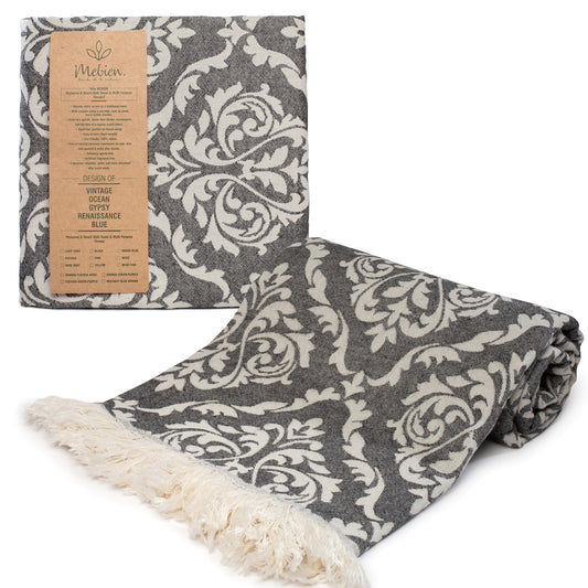 Black Turkish Beach Towel (35”x67”)  Lightweight, Quick drying and Sand Free Can be Used as Beach Blanket 100% Cotton Renaissance Design