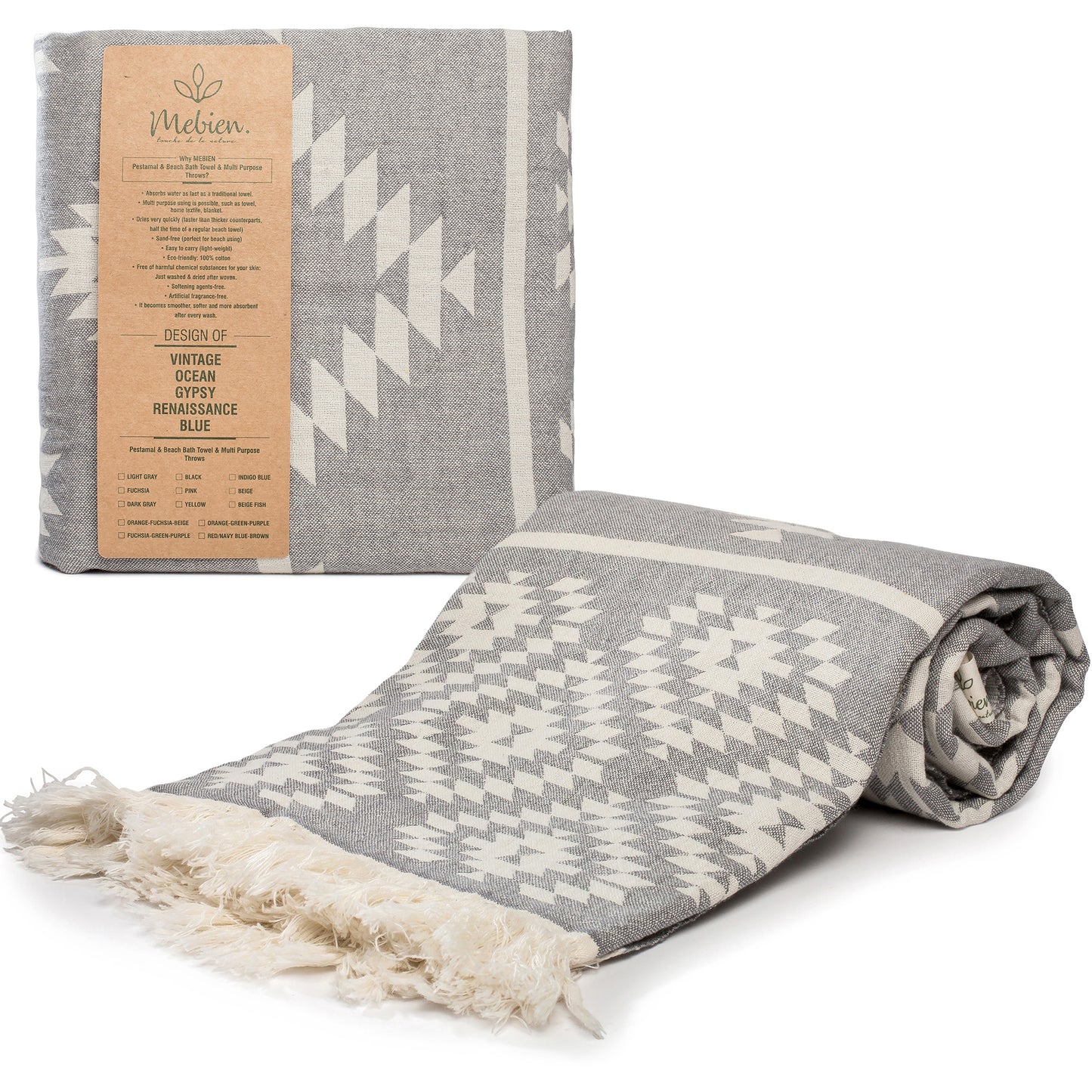 Dark Grey Turkish Beach Towel (35”x67”)  Lightweight, Quick drying and Sand Free Can be Used as Beach Blanket 100% Cotton Vintage Design