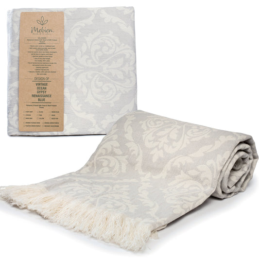 Grey Turkish Beach Towel (35”x67”)  Lightweight, Quick drying and Sand Free Can be Used as Beach Blanket 100% Cotton Renaissance Design