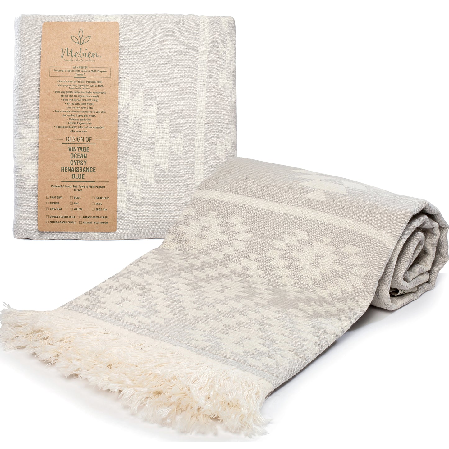 Light Grey Turkish Beach Towel (35”x67”) Lightweight, Quick drying and Sand Free Can be Used as Beach Blanket 100% Cotton Vintage Design