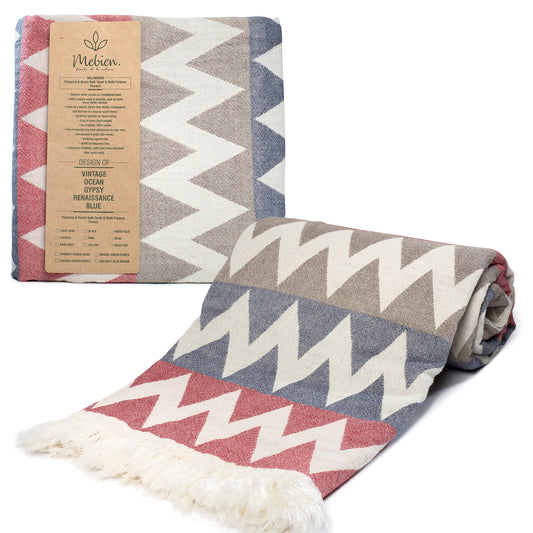 Blue Grey Red Turkish Beach Towel (35”x67”)  Lightweight, Quick drying and Sand Free Can be Used as Beach Blanket 100% Cotton ZigZag Design
