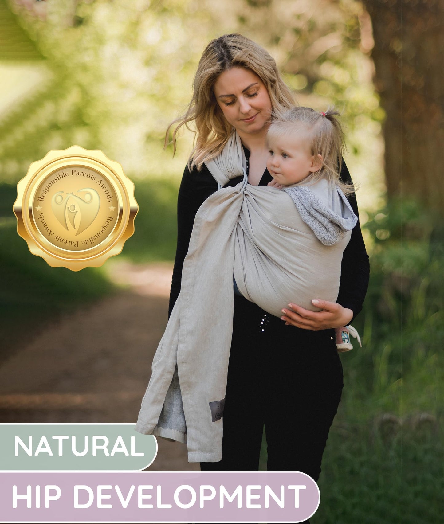 Ring Sling Baby Carrier - USA Lab Tested, 100% Natural Cotton Muslin, Breathable & Ergonomic Ring Sling Beige Grey