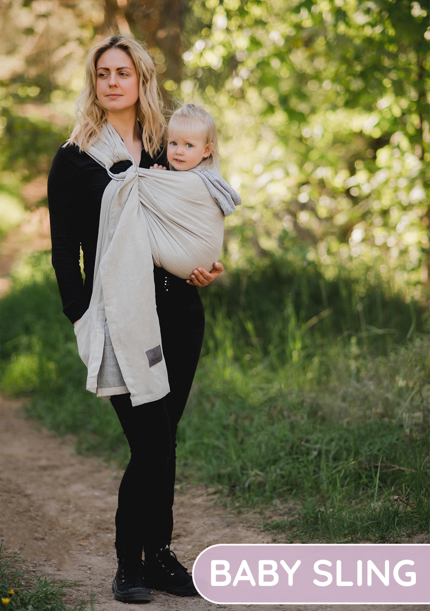 Ring Sling Baby Carrier - USA Lab Tested, 100% Natural Cotton Muslin, Breathable & Ergonomic Ring Sling Beige Grey