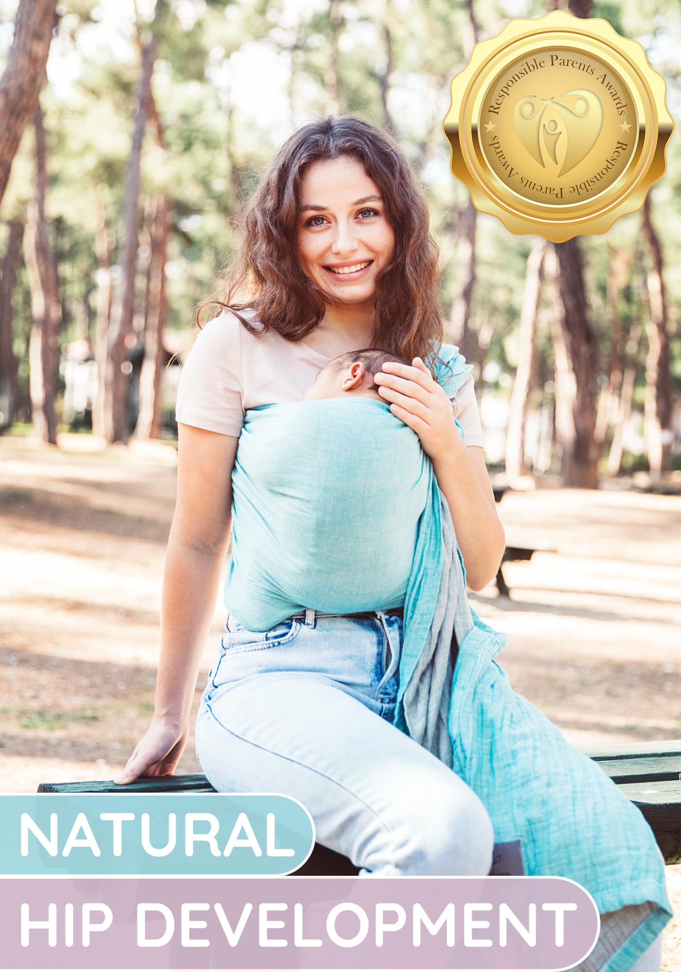 Ring Sling Baby Carrier - USA Lab Tested, 100% Natural Cotton Muslin, Breathable & Ergonomic Ring Sling Grey Turquoise