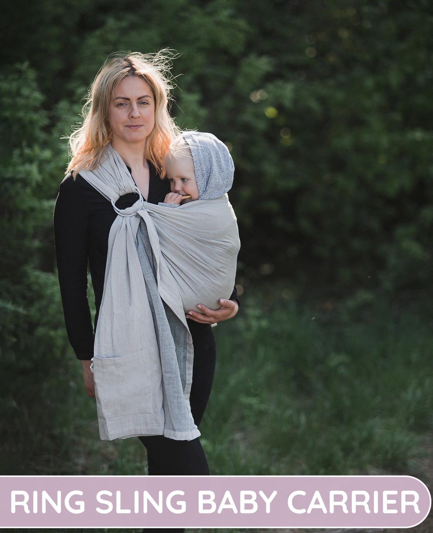 Ring Sling Baby Carrier - USA Lab Tested, 100% Natural Cotton Muslin, Breathable & Ergonomic Ring Sling Beige Grey