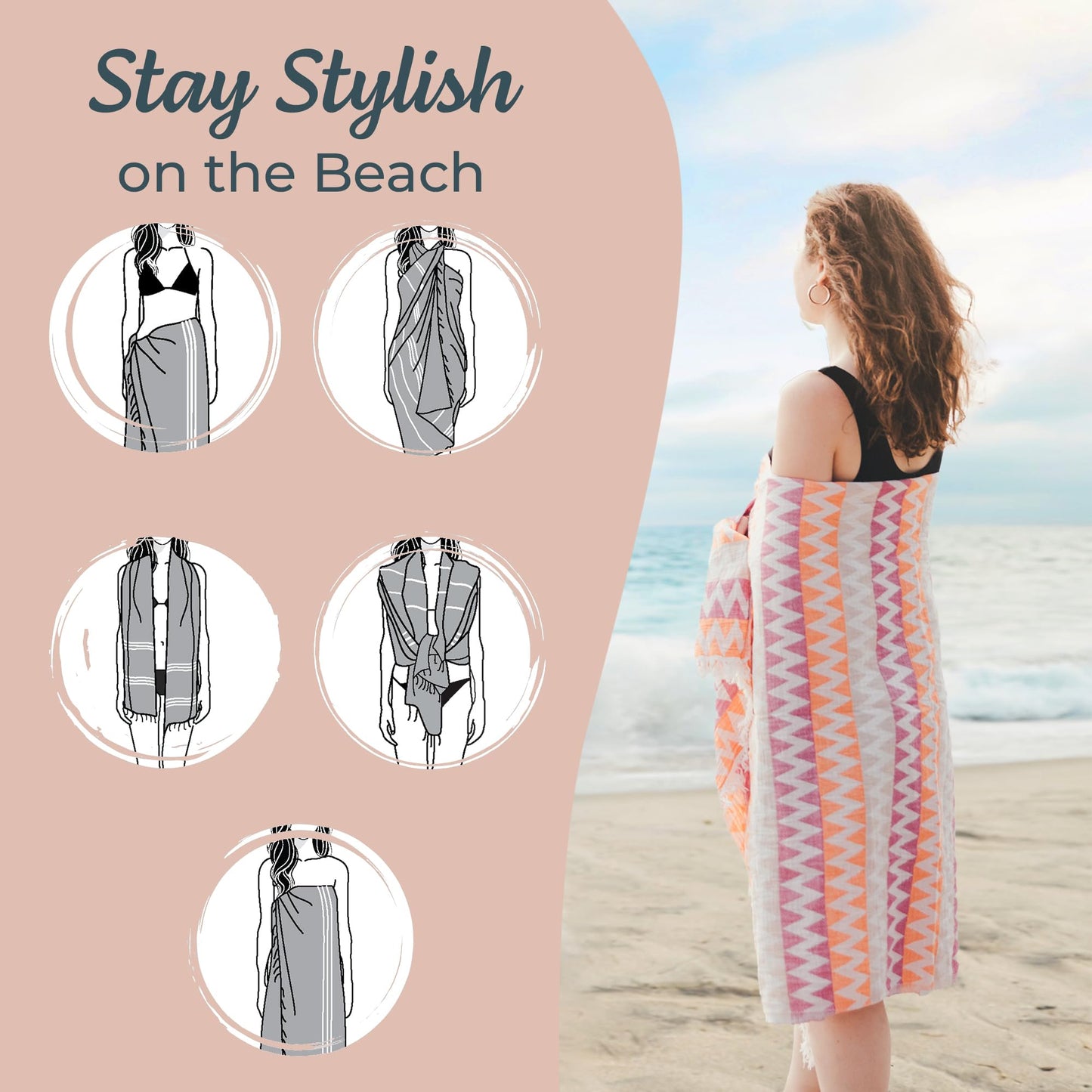 Turkish Beach Towel (35”x67”) – 100% Cotton Quick Dry, Lightweight Oversized Beach Towel for Pool & Travel – Zig Zag Orange Color