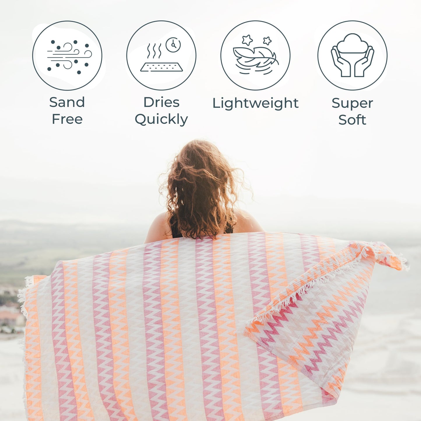 Turkish Beach Towel (35”x67”) – 100% Cotton Quick Dry, Lightweight Oversized Beach Towel for Pool & Travel – Zig Zag Orange Color