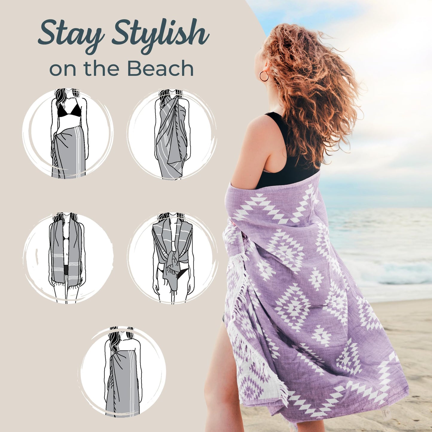 Turkish Beach Towel (35”x67”) – 100% Cotton, Quick Dry, Lightweight, Soft Oversized Beach Towel for Travel & Pool – Vintage Lilac Color