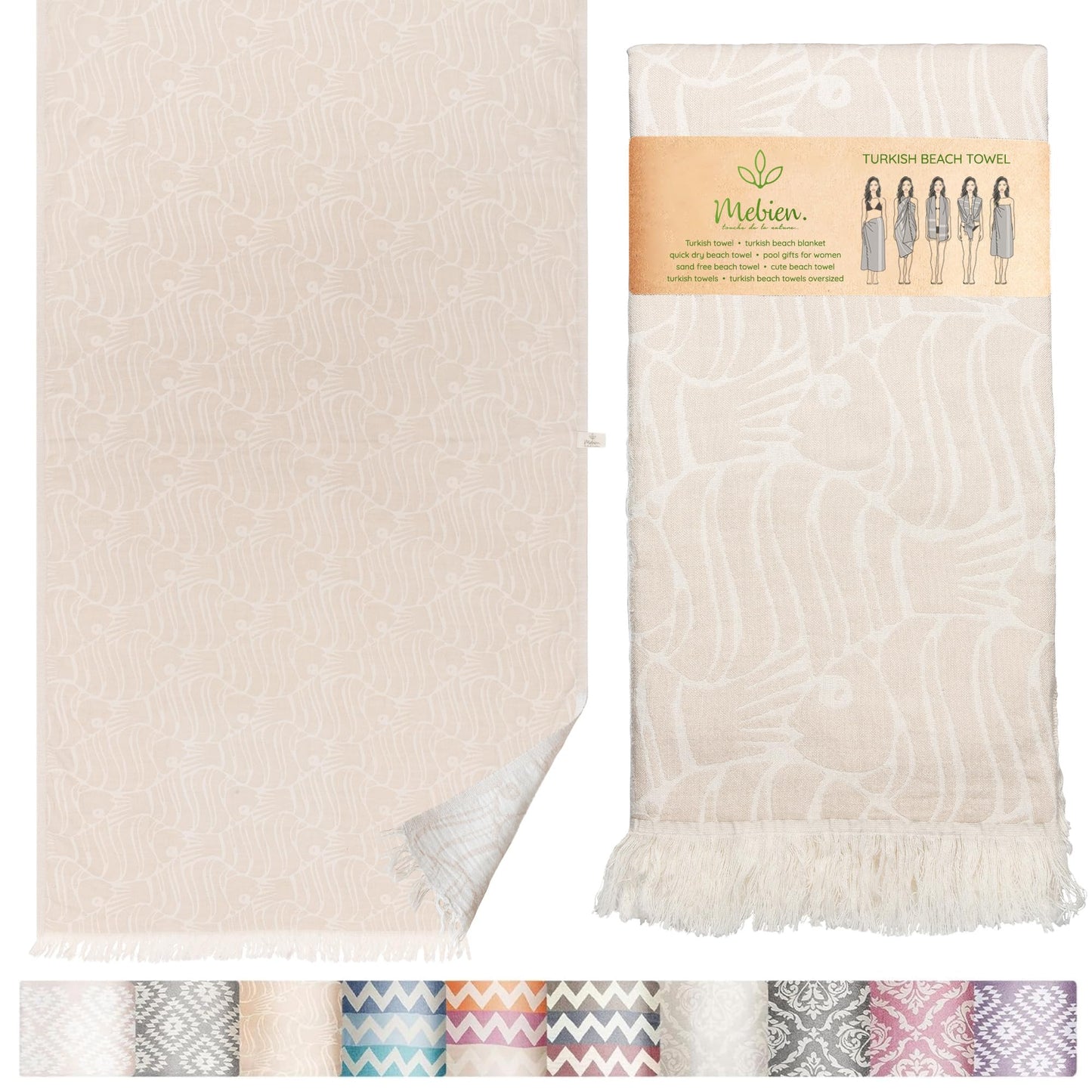 Beige Fish Turkish Beach Towel (35”x67”)  Lightweight, Quick drying and Sand Free Can be Used as Beach Blanket 100% Cotton