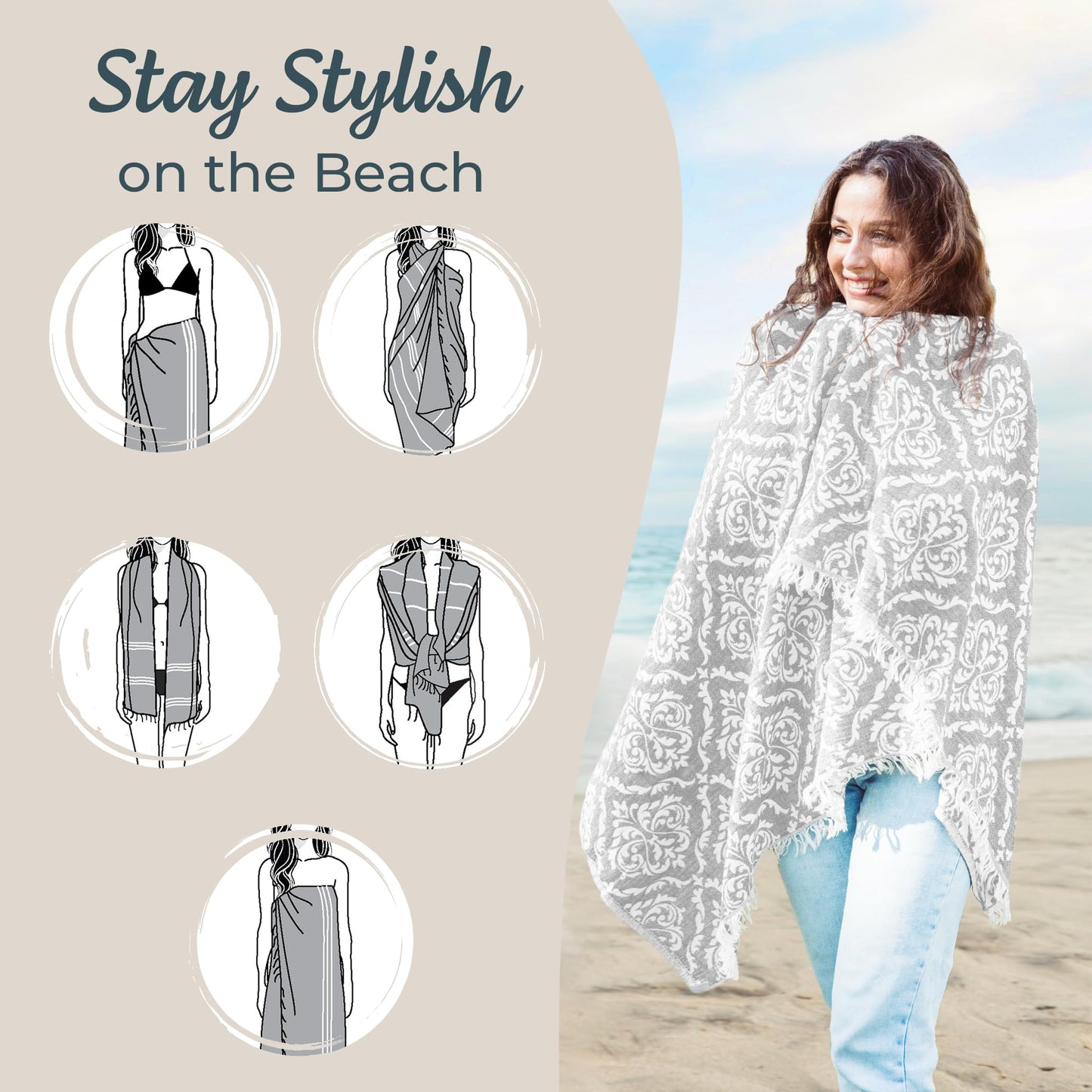 Premium Turkish Beach Towel (35”x 67”) – Lightweight, Quick Dry Beach Towel, Sand-Free, 100% Cotton – Ren Grey Color