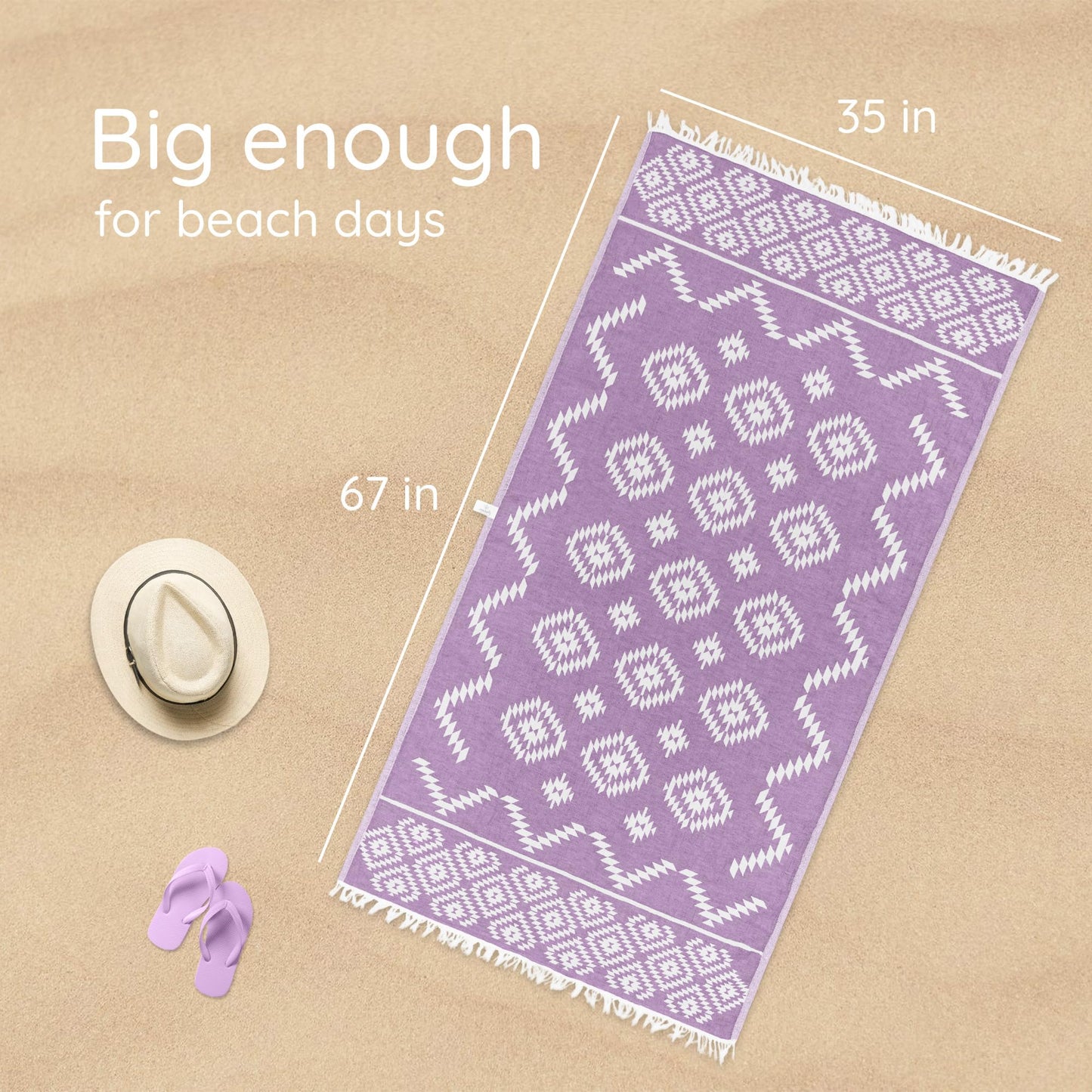Turkish Beach Towel (35”x67”) – 100% Cotton, Quick Dry, Lightweight, Soft Oversized Beach Towel for Travel & Pool – Vintage Lilac Color