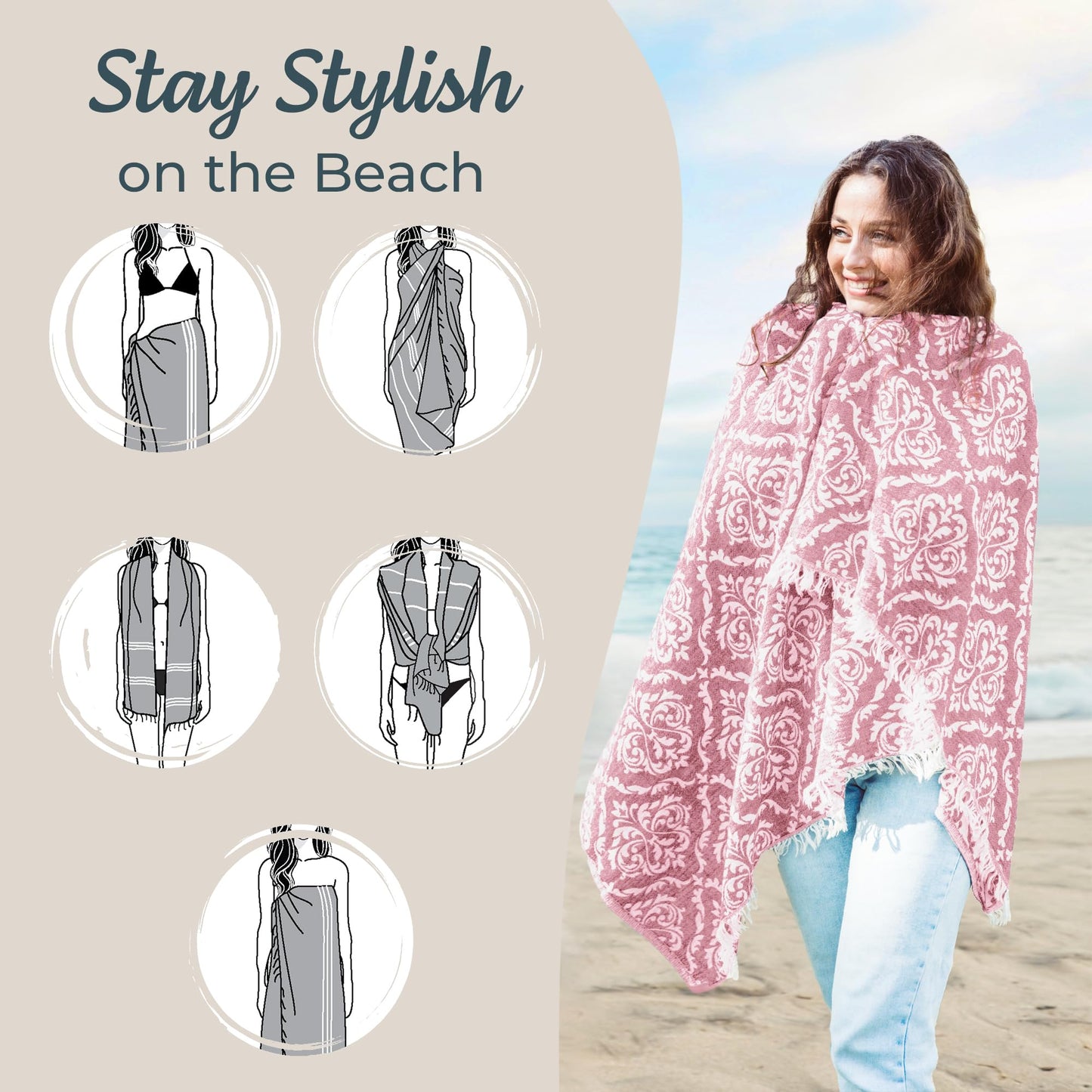 Turkish Beach Towel (35”x67”) – 100% Cotton, Quick Dry, Lightweight, Soft Oversized Beach Towel for Travel & Pool – Renaissance Fuchsia Color