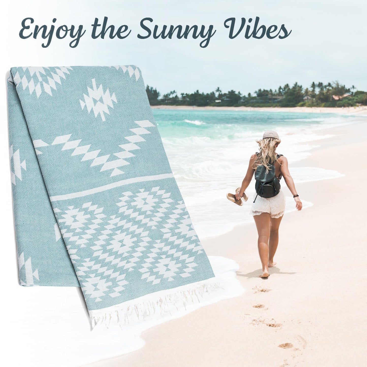 Turkish Beach Towel (35”x67”) – 100% Cotton, Quick Dry, Lightweight, Oversized Beach Towel for Pool & Travel - Pastel Teal Color
