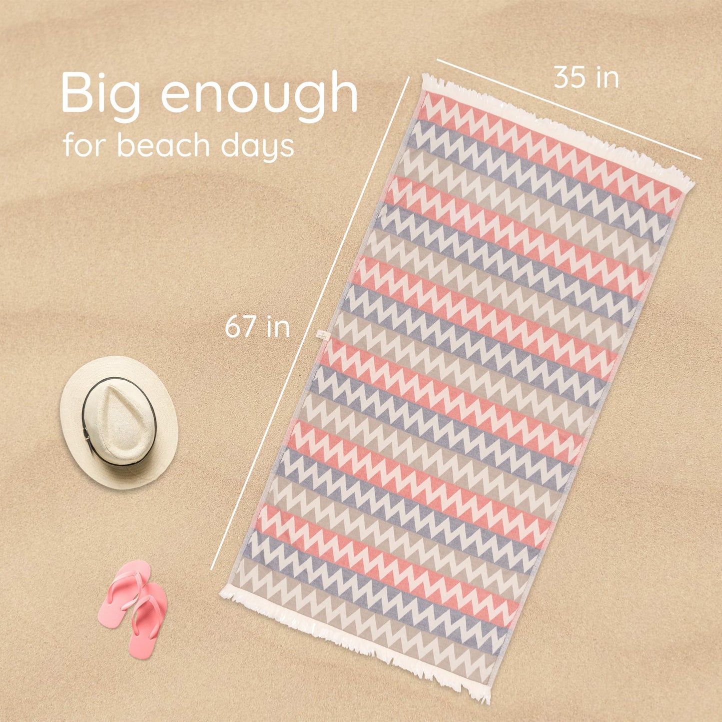 Turkish Beach Towel 35”x67” – 100% Cotton, Quick Dry, Lightweight Oversized Beach Towel for Pool & Travel – Zig Zag Navy Red Color