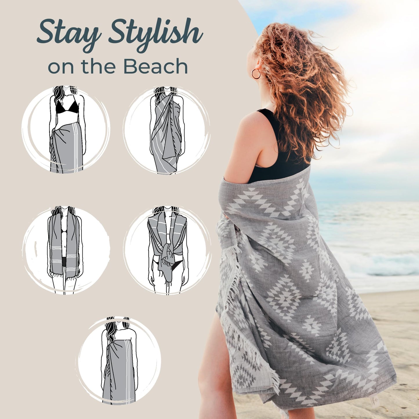 Premium Turkish Beach Towel – 35"x67" Lightweight Quick Dry Towel – 100% Cotton Sand-Free Turkish Towels – Vintage Dark Grey