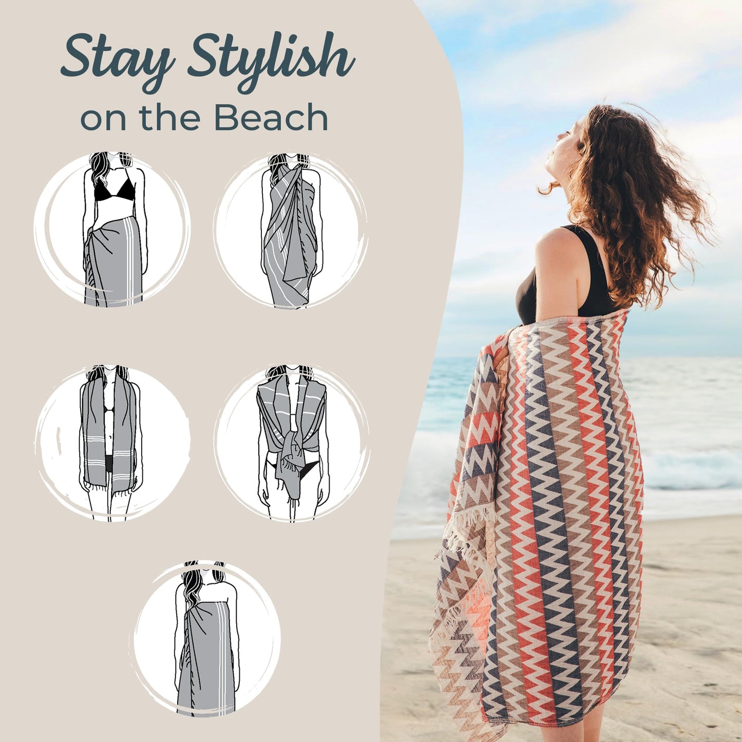 Turkish Beach Towel 35”x67” – 100% Cotton, Quick Dry, Lightweight Oversized Beach Towel for Pool & Travel – Zig Zag Navy Red Color