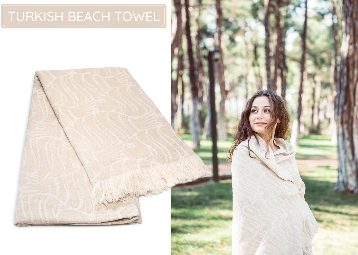 Beige Fish Turkish Beach Towel (35”x67”)  Lightweight, Quick drying and Sand Free Can be Used as Beach Blanket 100% Cotton