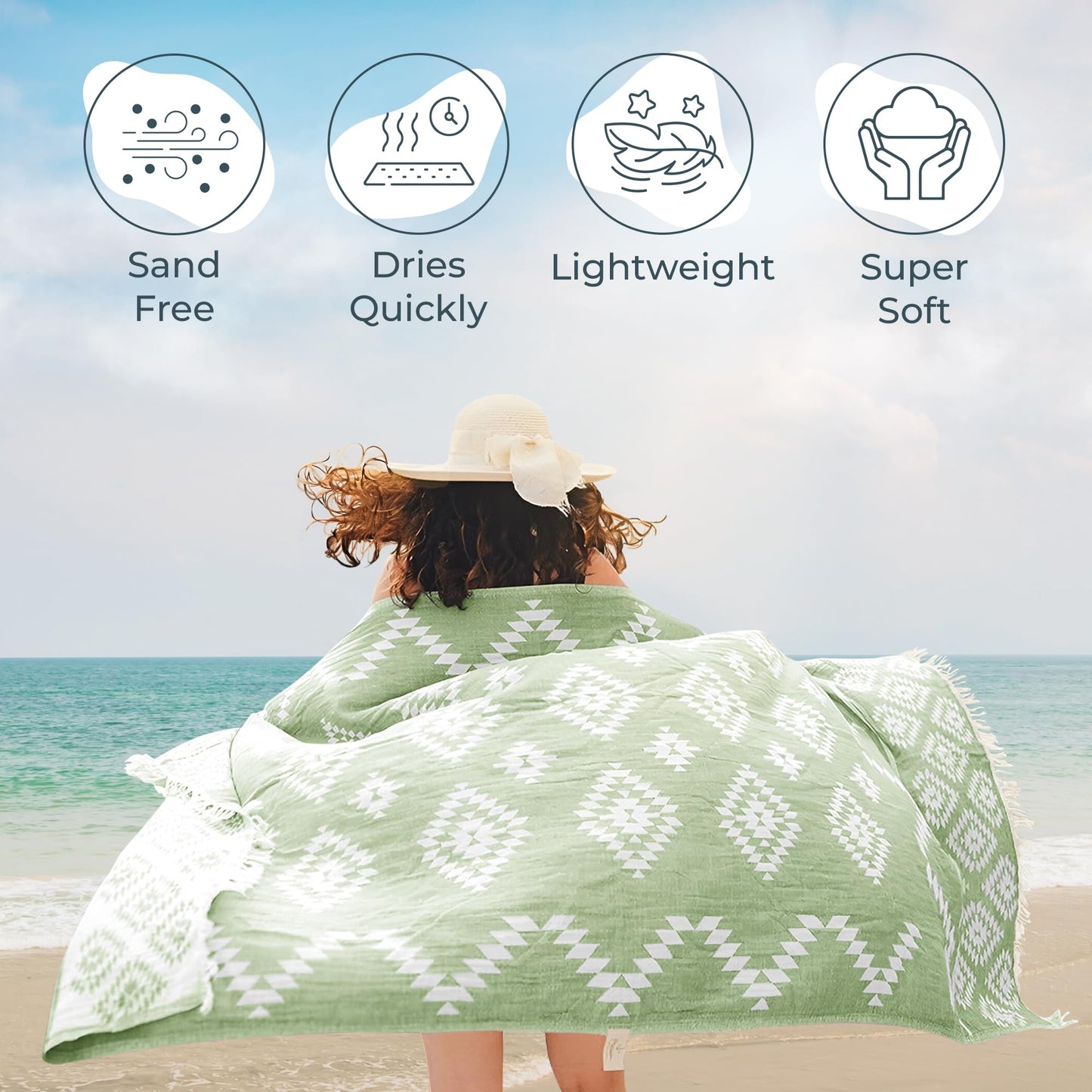 Turkish Beach Towel (35”x67”) Lightweight, Quick Dry, for Travel – 100% Cotton Oversized Beach Towels for Pool & Outdoors – Vintage Green Color