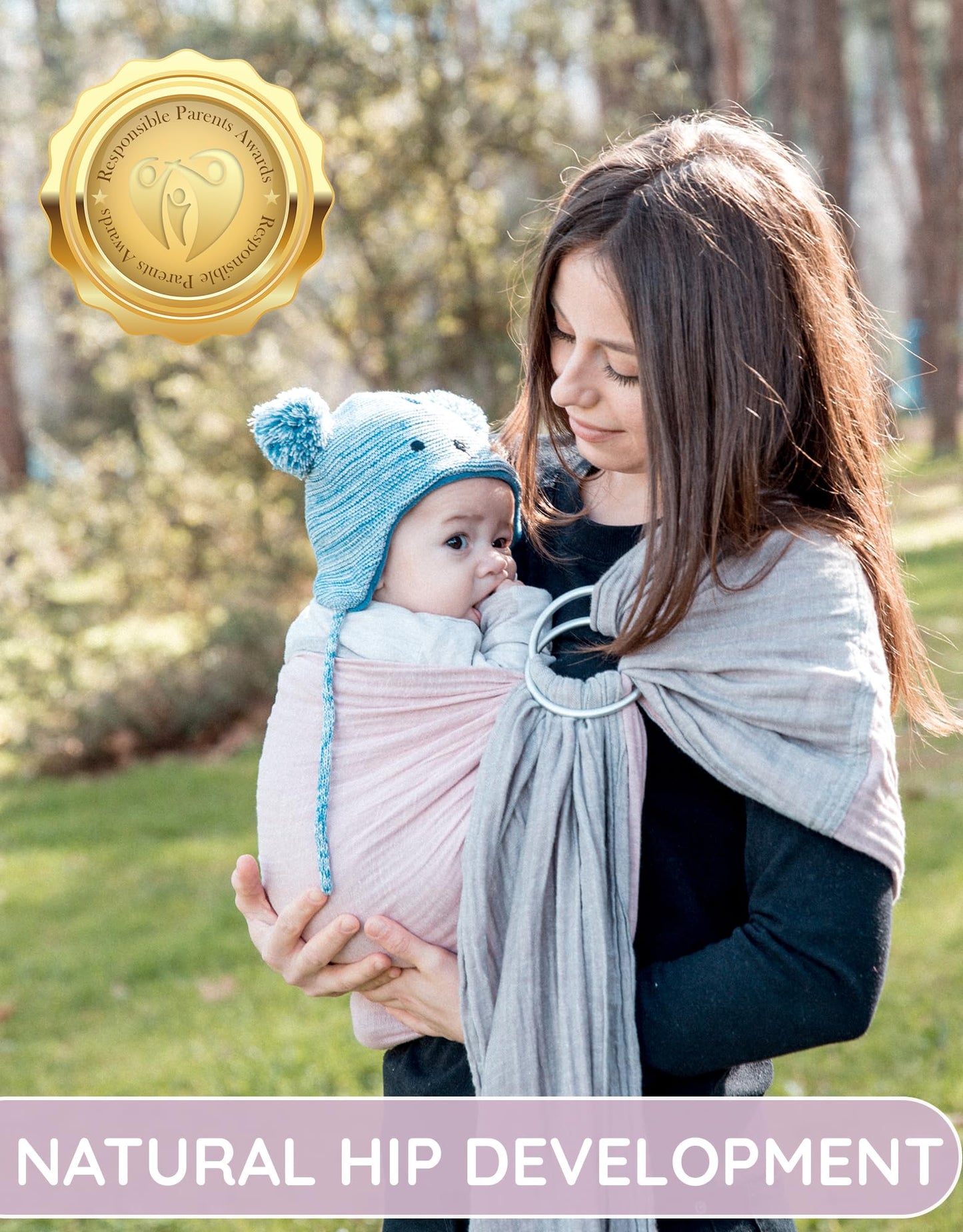 Ring Sling Baby Carrier - USA Lab Tested, 100% Natural Cotton Muslin, Breathable & Ergonomic Ring Sling Grey Rose