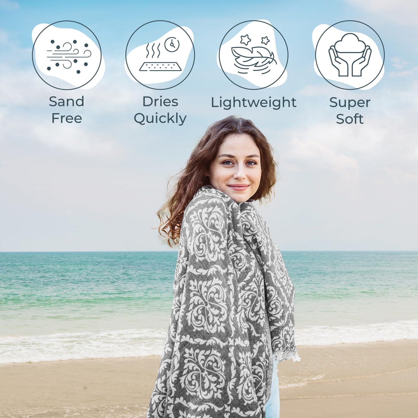 Premium Turkish Beach Towel – 35"x67" – 100% Cotton – Quick Dry Towel & Sand Free – Renaissance Black – Ideal for Travel & Pool