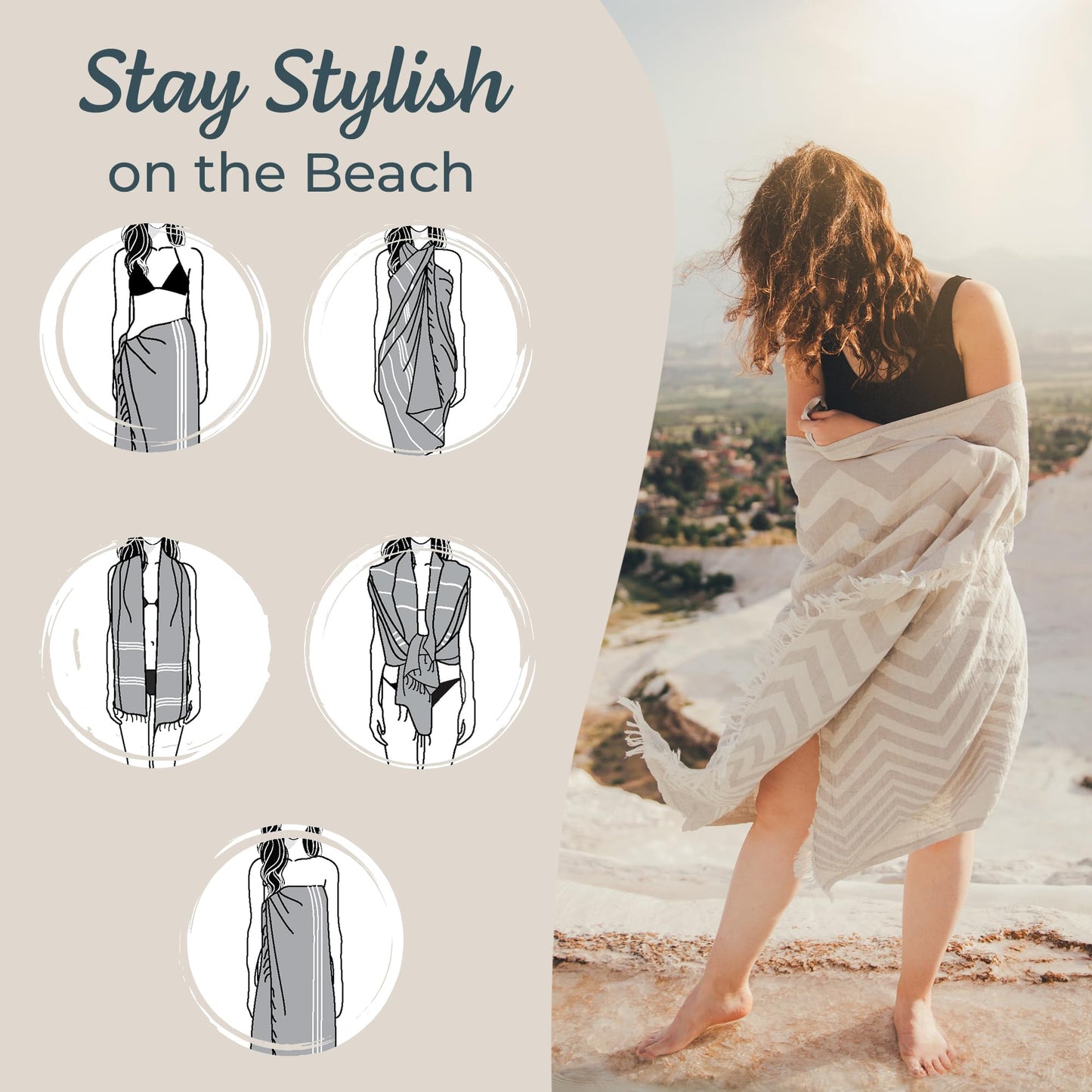 Premium Turkish Beach Towel (35”x 67”) – 100% Cotton, Lightweight, Quick Dry Towel, Sand-Free, Beach Blanket Waterproof Sandproof, Ocean Light Grey