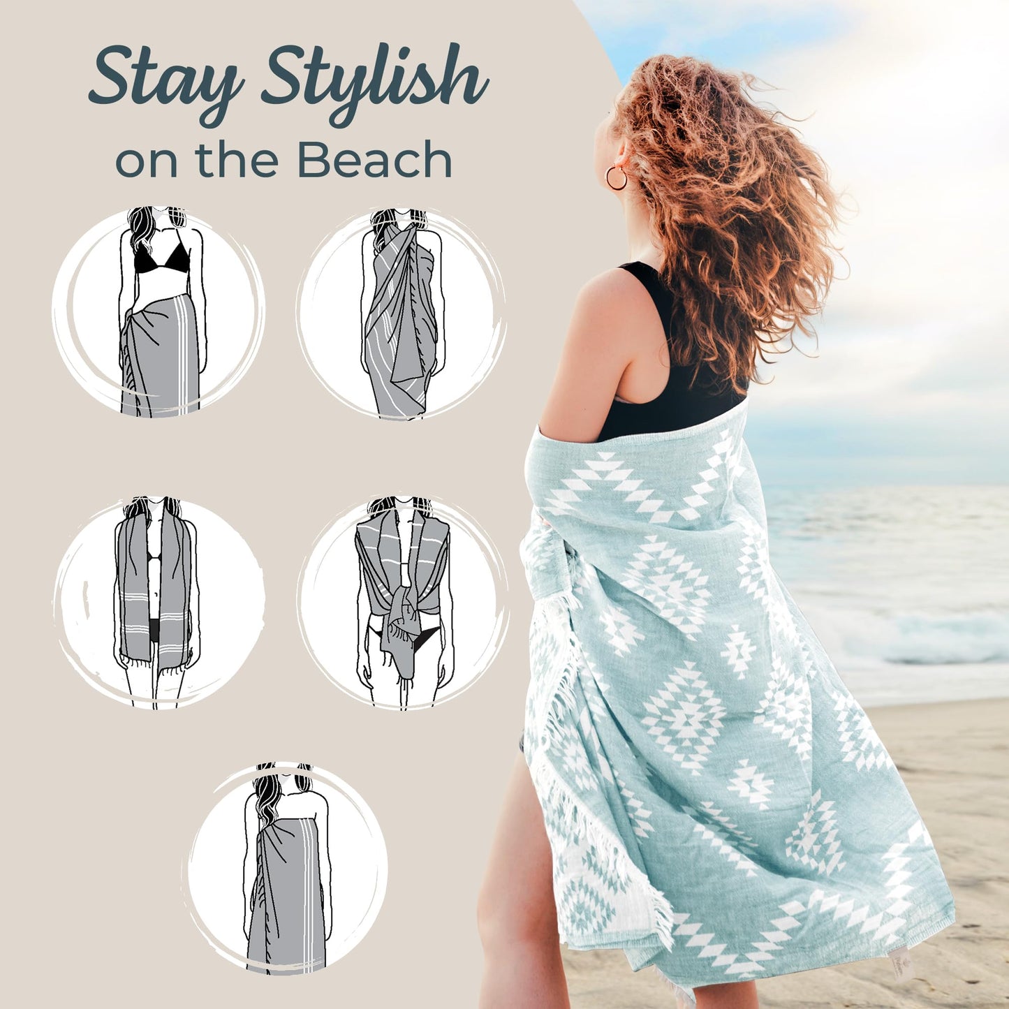 Turkish Beach Towel (35”x67”) – 100% Cotton, Quick Dry, Lightweight, Oversized Beach Towel for Pool & Travel - Pastel Teal Color