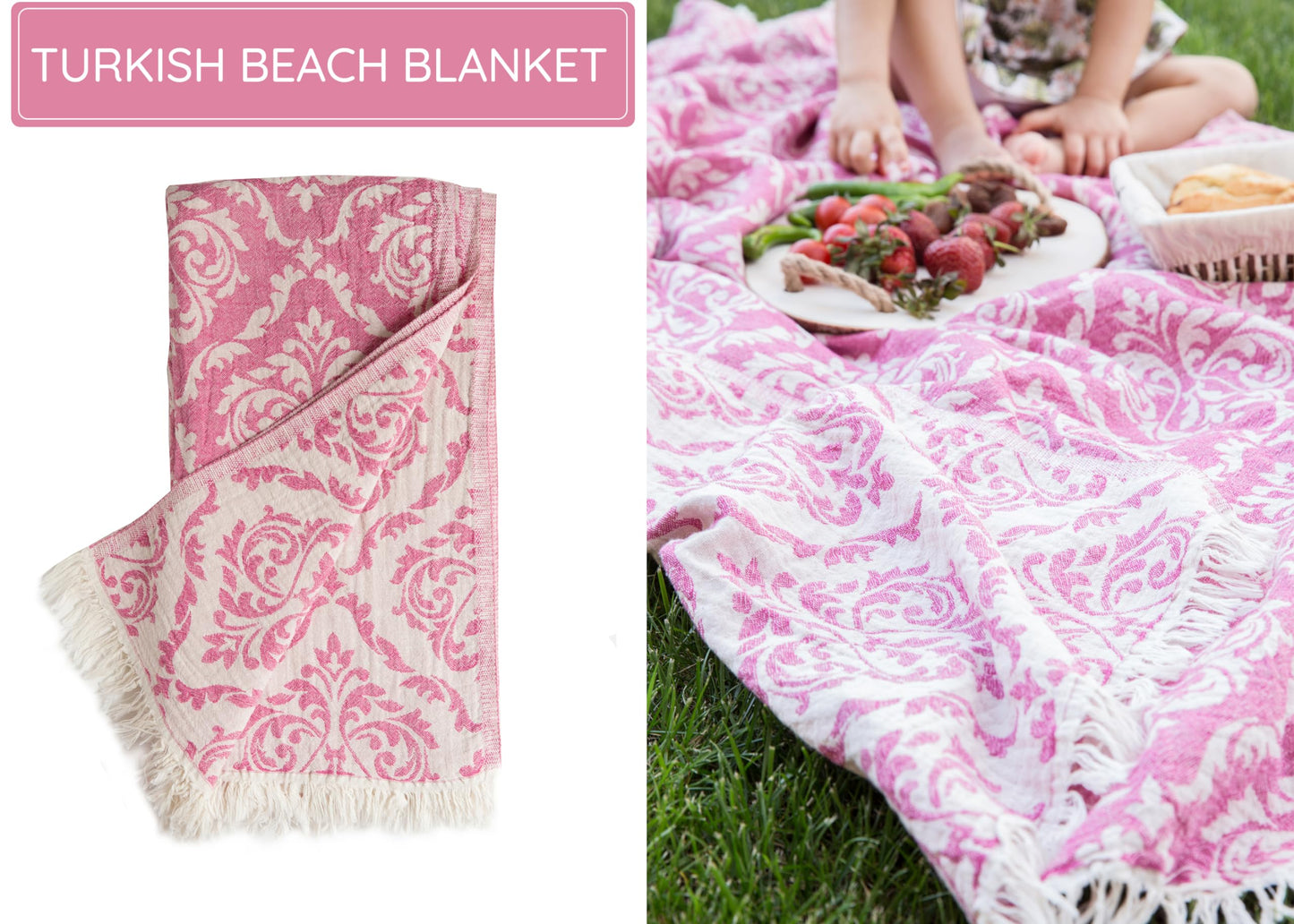 Turkish Beach Towel (35”x67”) – 100% Cotton, Quick Dry, Lightweight, Soft Oversized Beach Towel for Travel & Pool – Renaissance Fuchsia Color