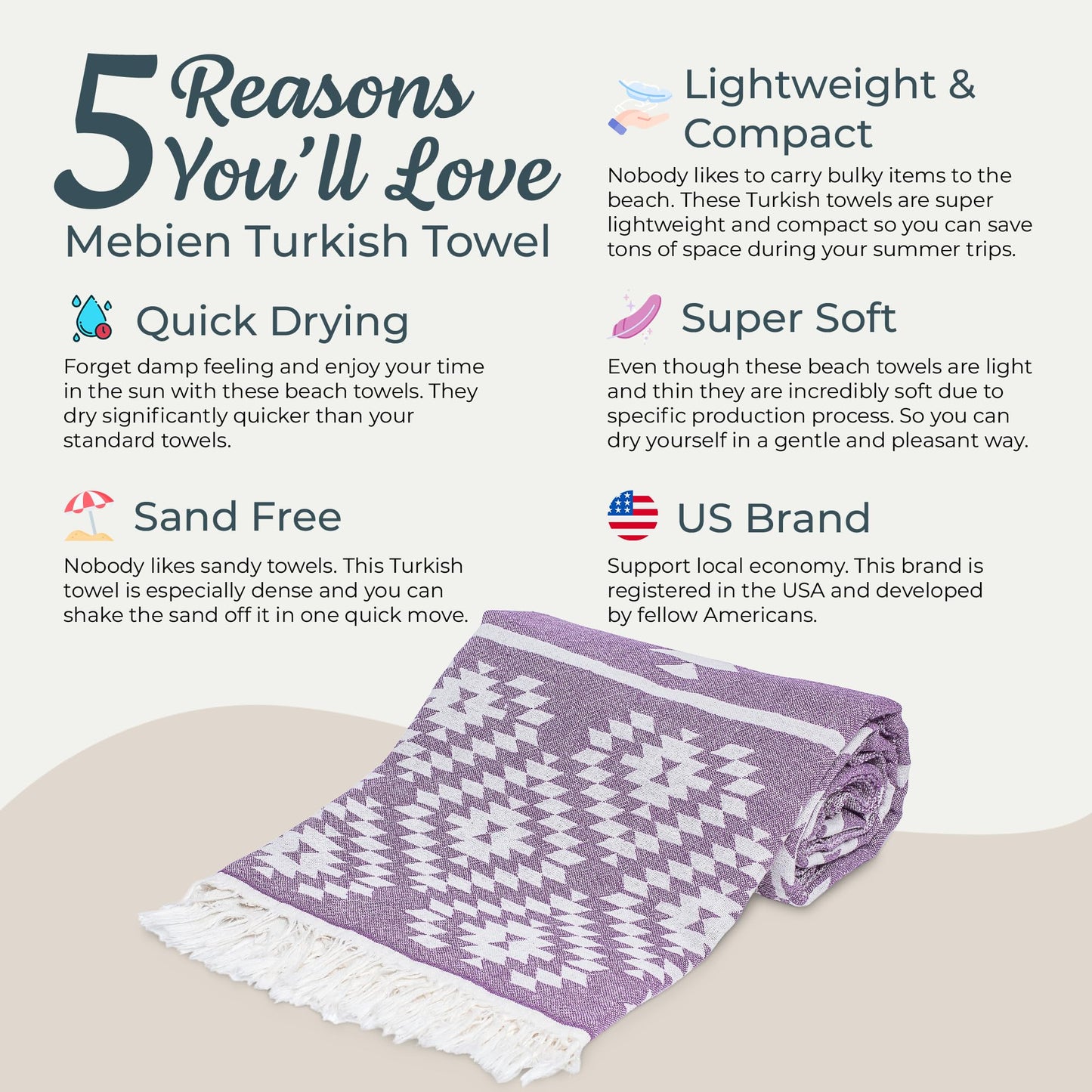 Turkish Beach Towel (35”x67”) – 100% Cotton, Quick Dry, Lightweight, Soft Oversized Beach Towel for Travel & Pool – Vintage Lilac Color