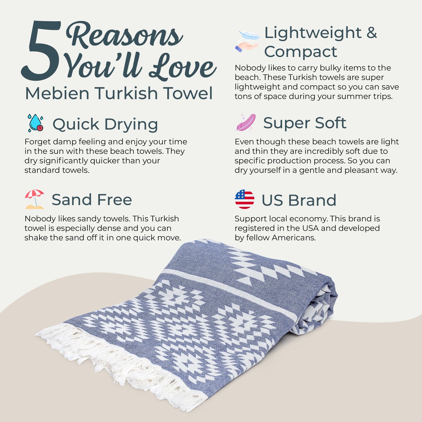 Premium Turkish Beach Towel – 100% Cotton, Quick Dry, Sand Free, Oversized Pool Towels 35”x 67” – Ideal for Travel, Pool, and Beach – Dark Blue