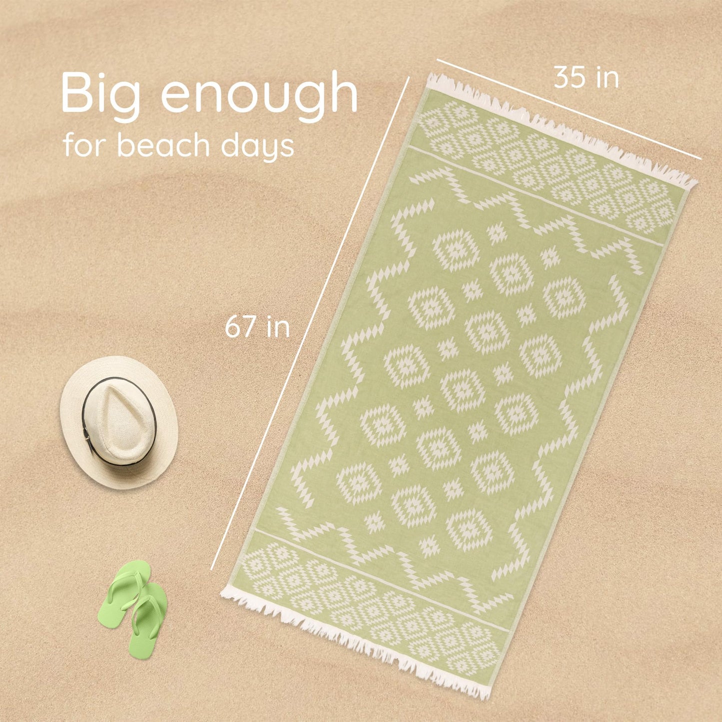 Turkish Beach Towel (35”x67”) Lightweight, Quick Dry, for Travel – 100% Cotton Oversized Beach Towels for Pool & Outdoors – Vintage Green Color